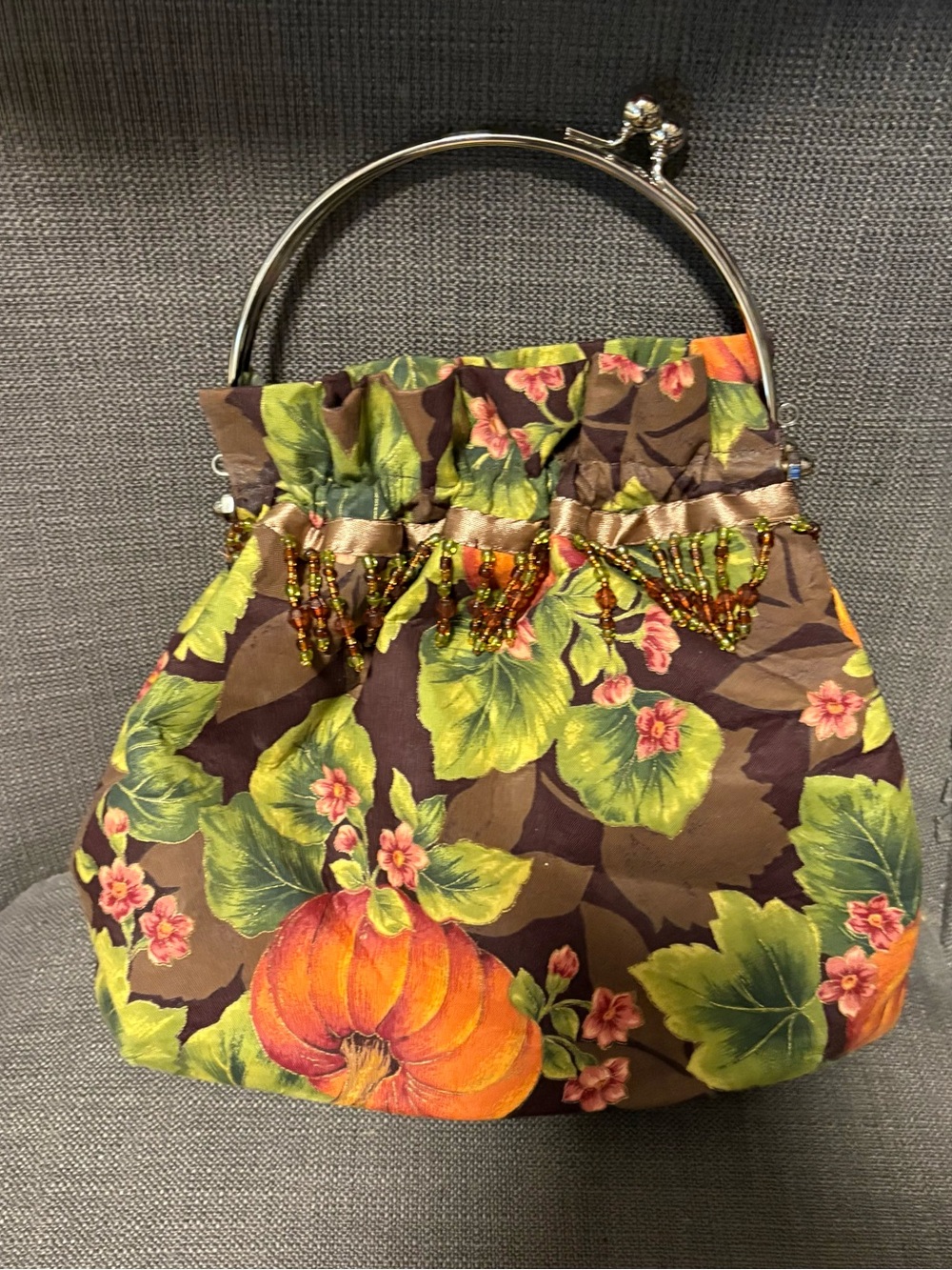 Vintage-Inspired Brown Floral Beaded Handle Bag